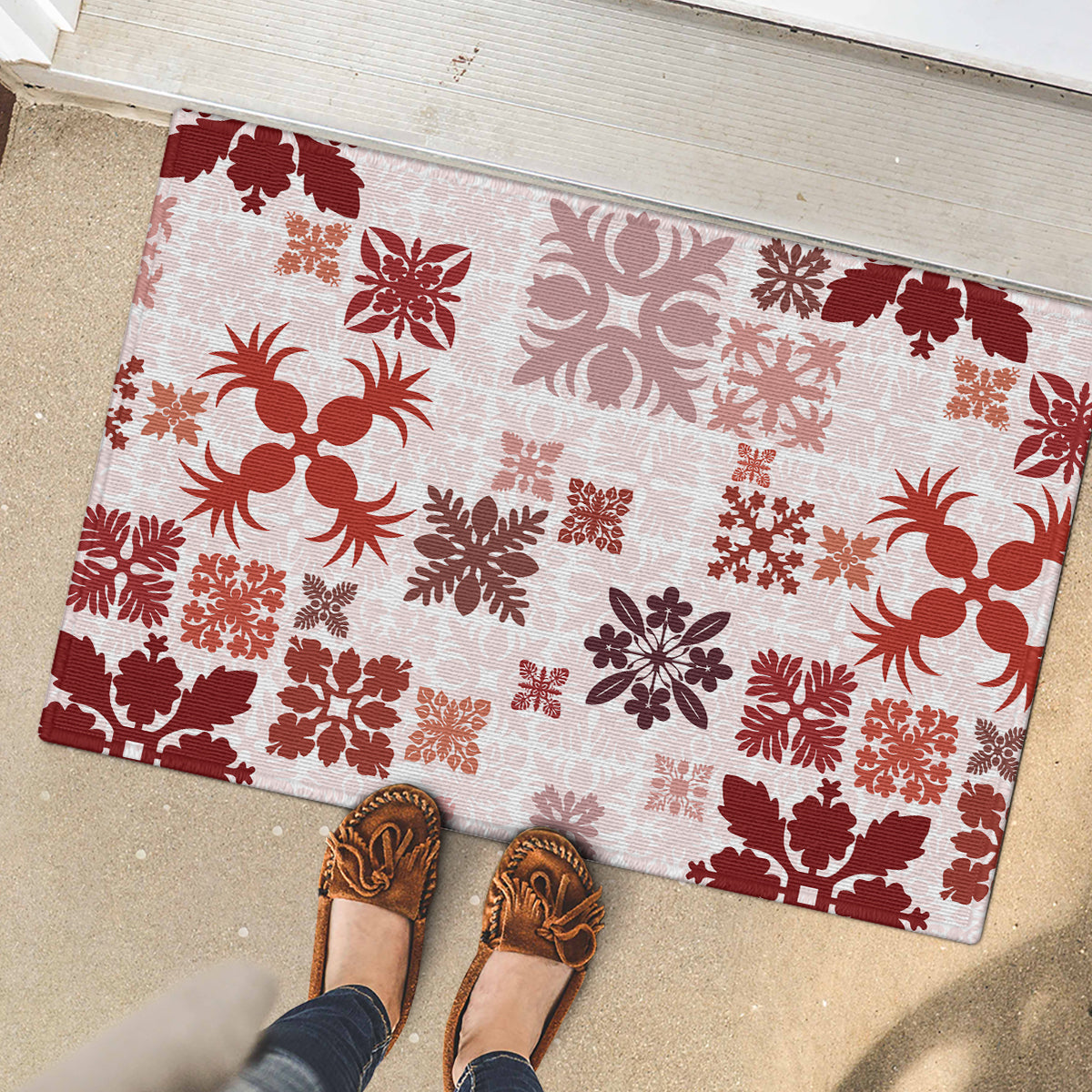 Vintage Hawaii Rubber Doormat Hawaiian Quilt Kapa Mismatch Red LT7 - Polynesian Pride