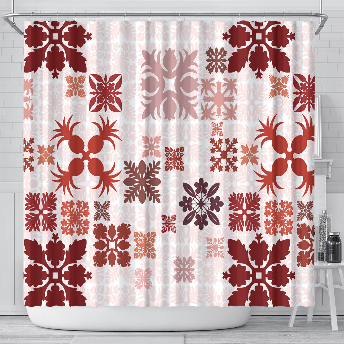 Vintage Hawaii Shower Curtain Hawaiian Quilt Kapa Mismatch Red LT7 - Polynesian Pride
