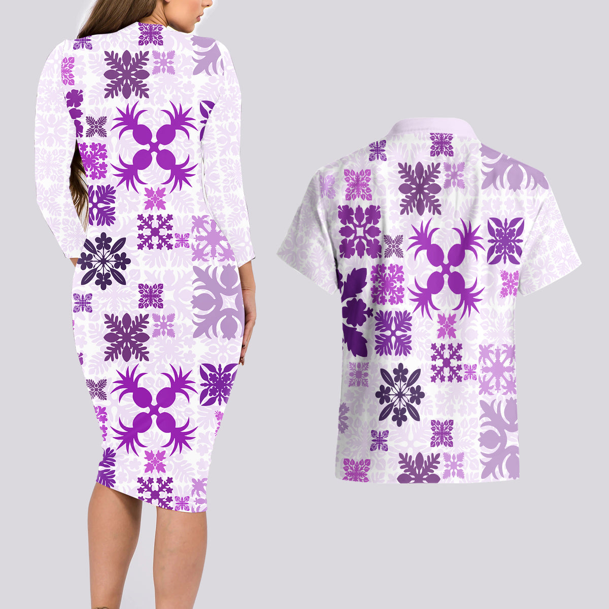 Vintage Hawaii Couples Matching Long Sleeve Bodycon Dress and Hawaiian Shirt Hawaiian Quilt Kapa Mismatch Purple LT7 - Polynesian Pride