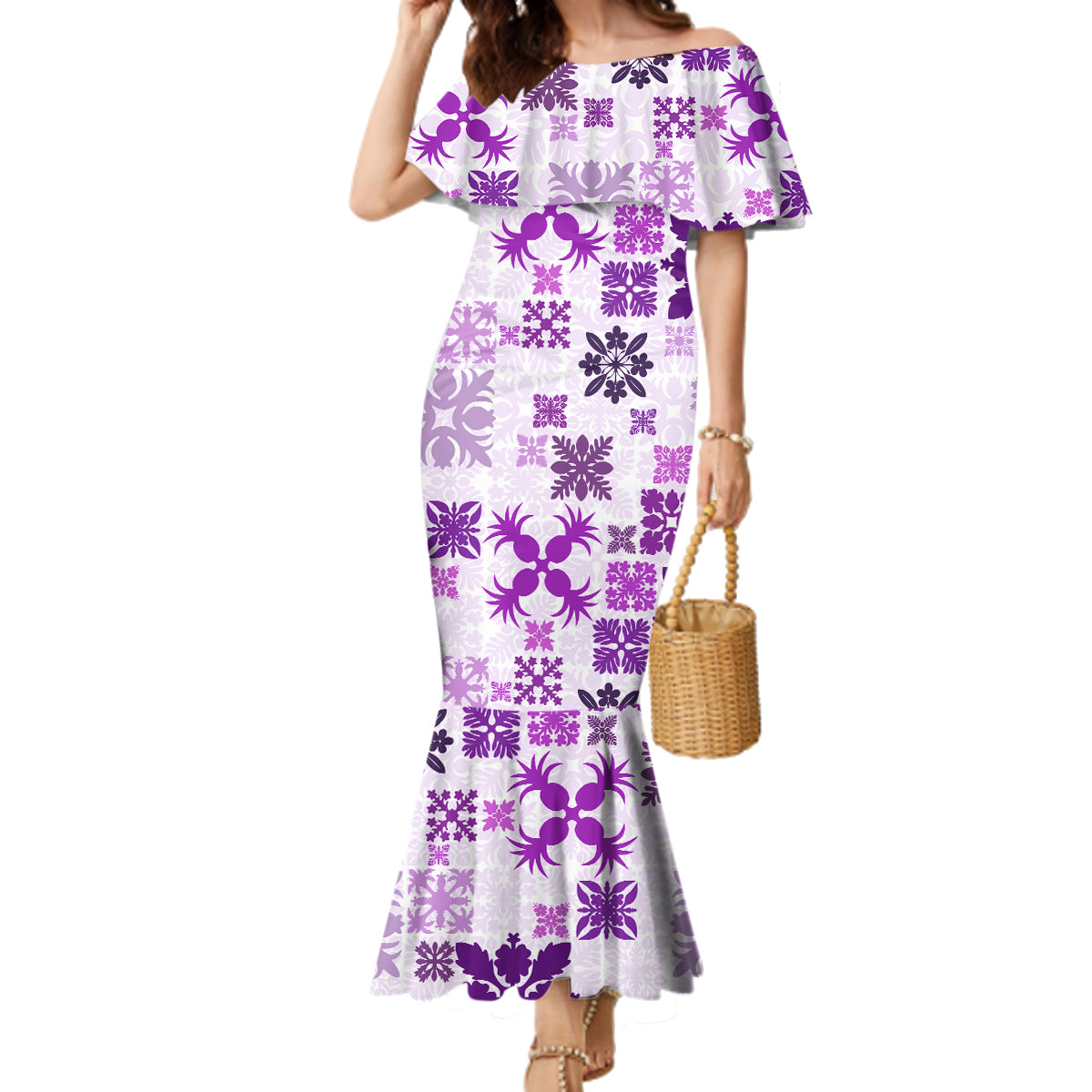Vintage Hawaii Family Matching Mermaid Dress and Hawaiian Shirt Hawaiian Quilt Kapa Mismatch Purple LT7 Mom's Dress Purple - Polynesian Pride