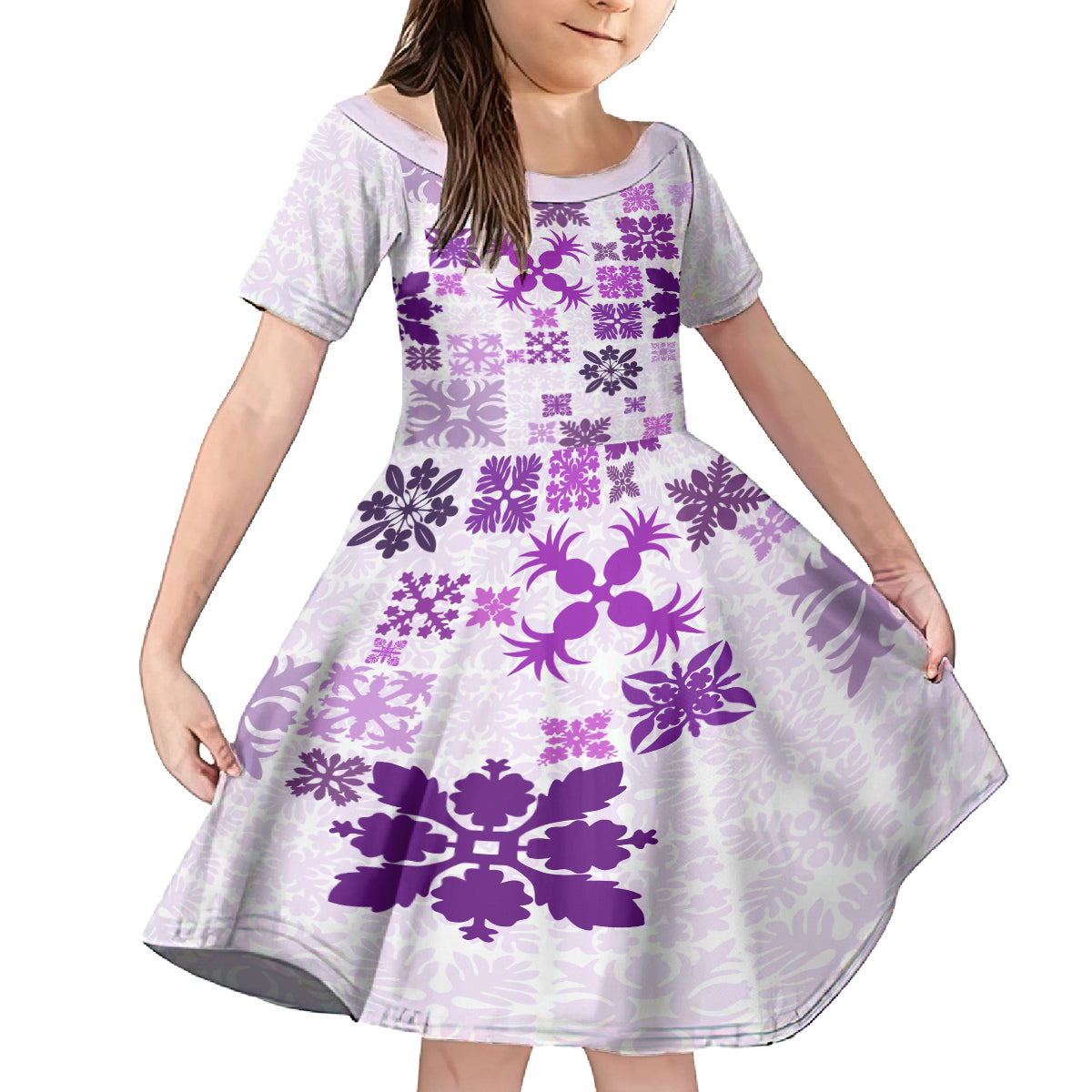 Vintage Hawaii Family Matching Off Shoulder Maxi Dress and Hawaiian Shirt Hawaiian Quilt Kapa Mismatch Purple LT7 Daughter's Dress Purple - Polynesian Pride