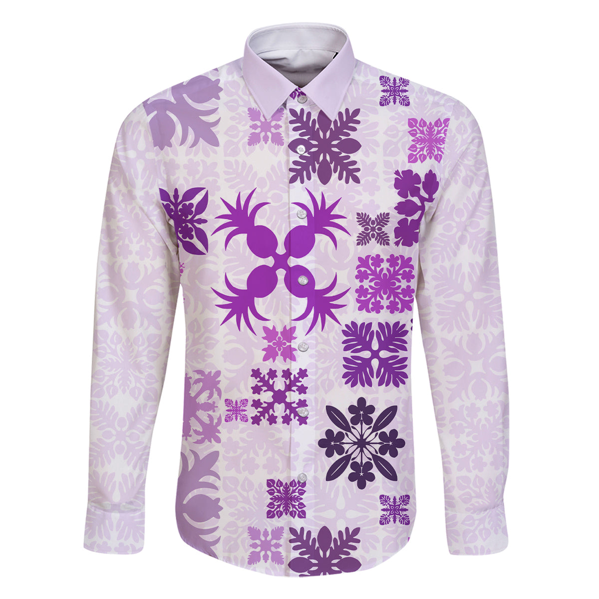 Vintage Hawaii Family Matching Summer Maxi Dress and Hawaiian Shirt Hawaiian Quilt Kapa Mismatch Purple LT7 Dad's Shirt - Long Sleeve Purple - Polynesian Pride