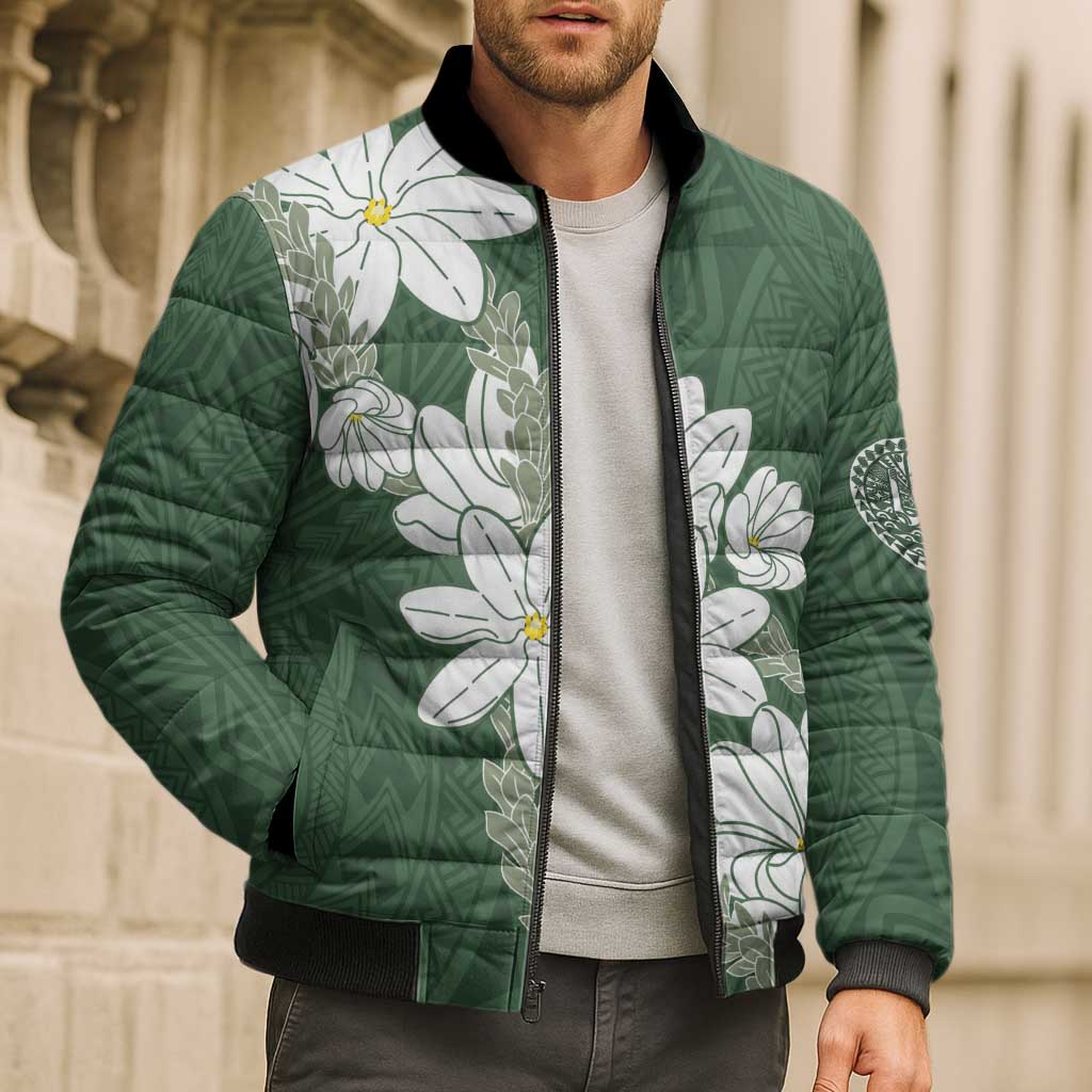 Ia Orana Tahiti Tiare Bomber Puffer Jacket Sage Green Lei - Polynesian Pride