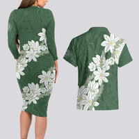 Ia Orana Tahiti Tiare Couples Matching Long Sleeve Bodycon Dress and Hawaiian Shirt Sage Green Lei - Polynesian Pride