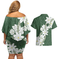 Ia Orana Tahiti Tiare Couples Matching Off Shoulder Short Dress and Hawaiian Shirt Sage Green Lei - Polynesian Pride