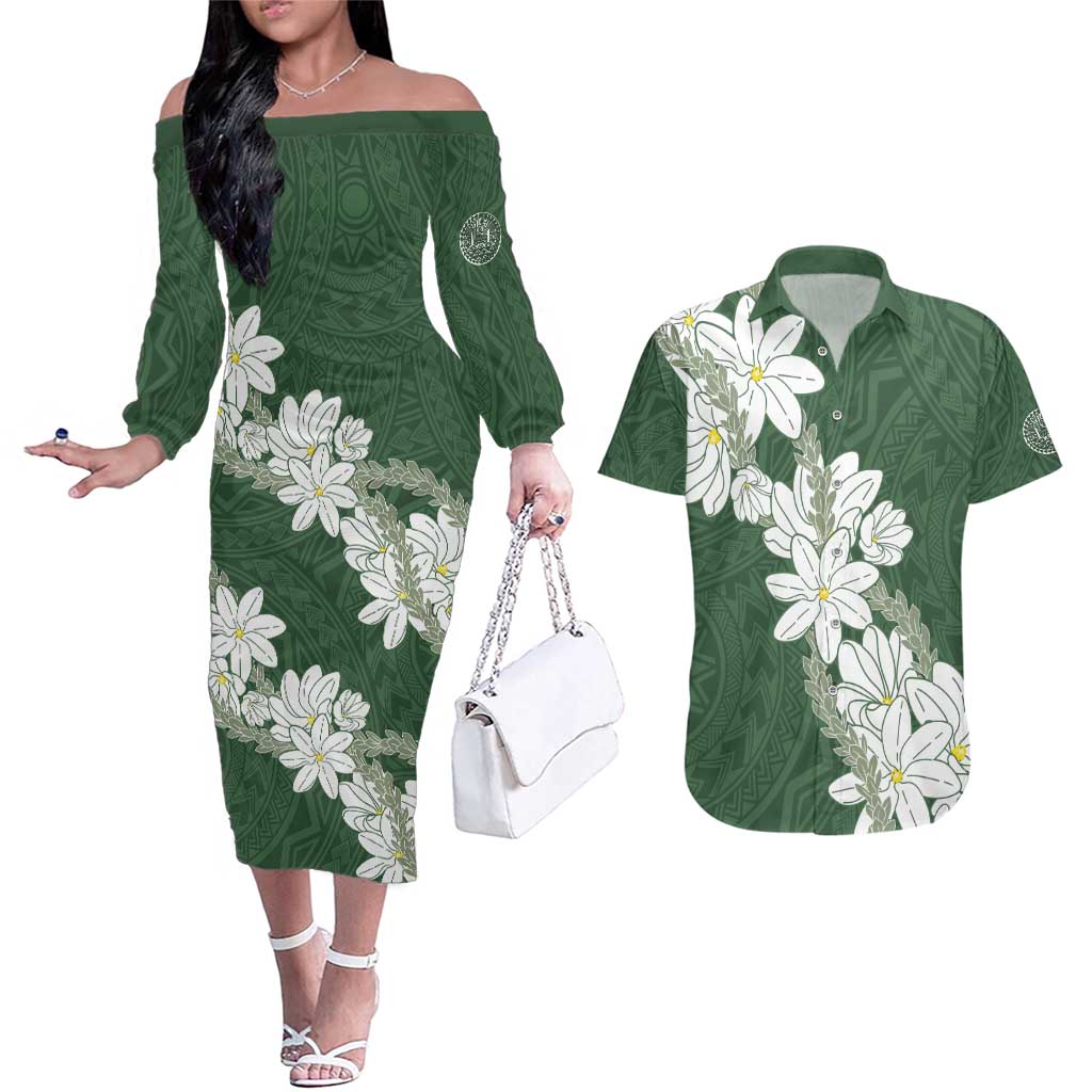 Ia Orana Tahiti Tiare Couples Matching Off The Shoulder Long Sleeve Dress and Hawaiian Shirt Sage Green Lei - Polynesian Pride