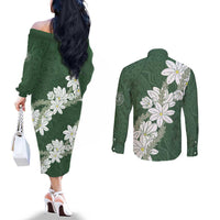 Ia Orana Tahiti Tiare Couples Matching Off The Shoulder Long Sleeve Dress and Long Sleeve Button Shirt Sage Green Lei - Polynesian Pride