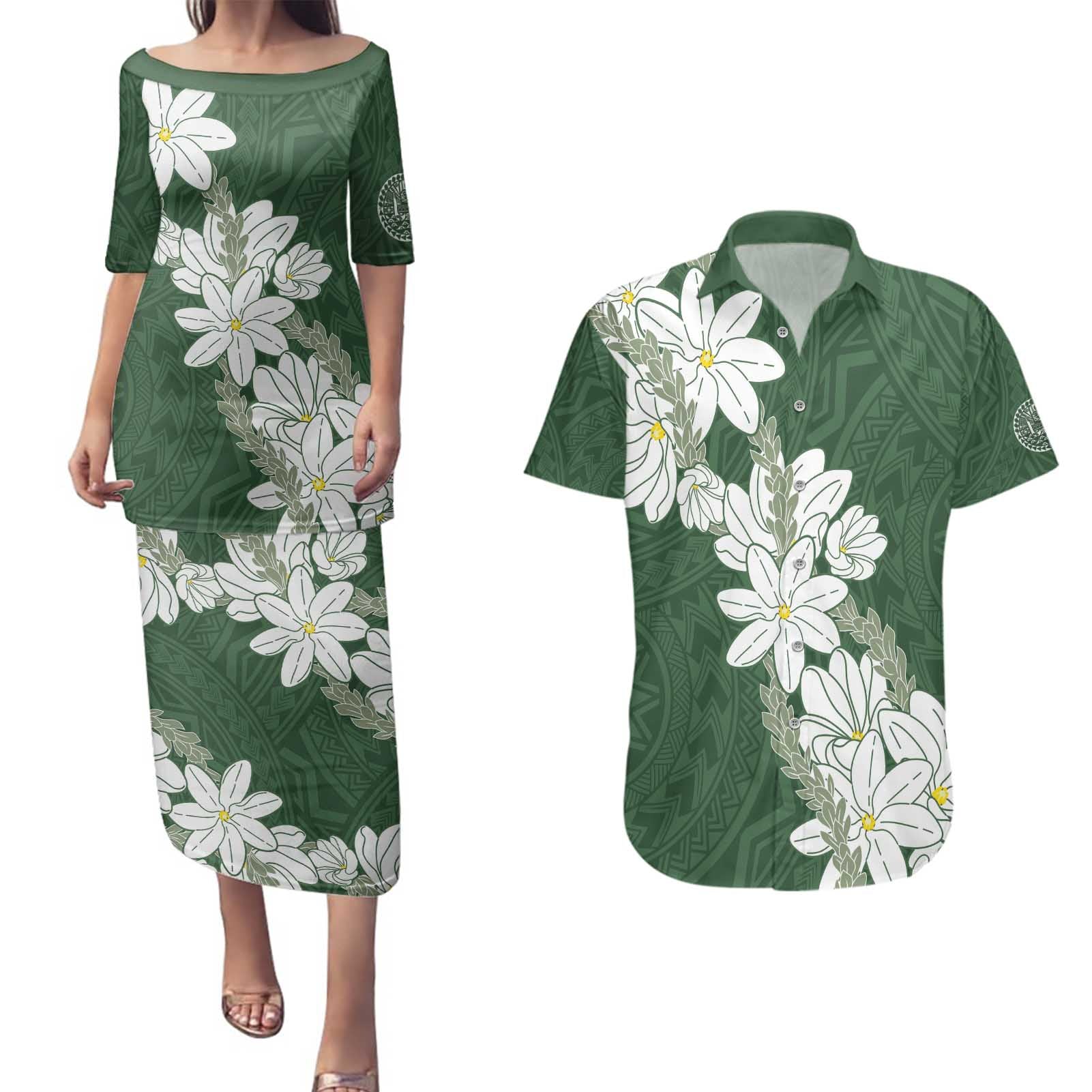 Ia Orana Tahiti Tiare Couples Matching Puletasi and Hawaiian Shirt Sage Green Lei - Polynesian Pride