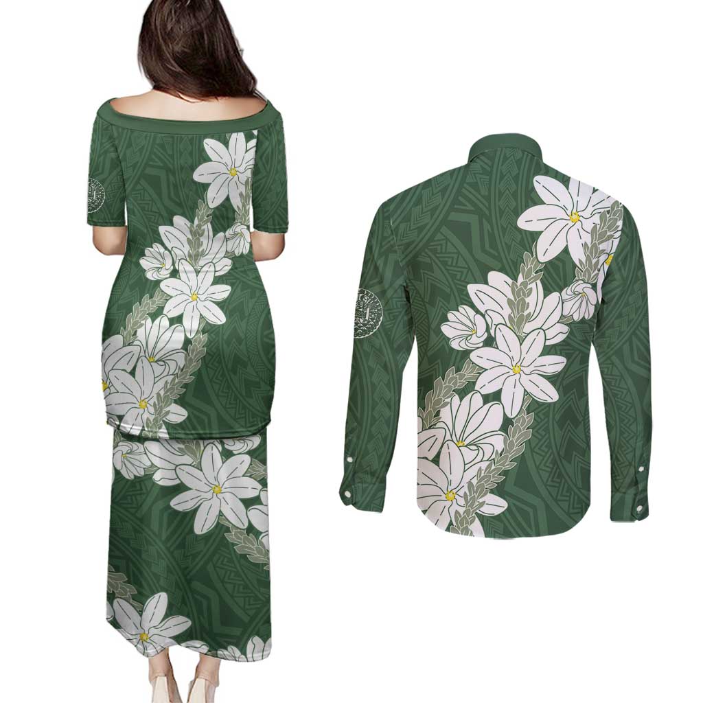 Ia Orana Tahiti Tiare Couples Matching Puletasi and Long Sleeve Button Shirt Sage Green Lei - Polynesian Pride