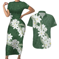 Ia Orana Tahiti Tiare Couples Matching Short Sleeve Bodycon Dress and Hawaiian Shirt Sage Green Lei - Polynesian Pride