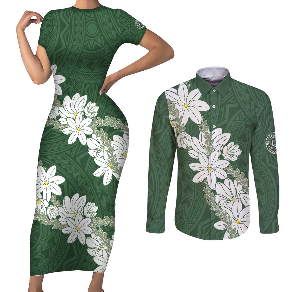Ia Orana Tahiti Tiare Couples Matching Short Sleeve Bodycon Dress and Long Sleeve Button Shirt Sage Green Lei - Polynesian Pride
