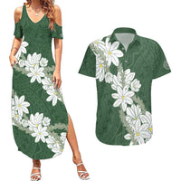 Ia Orana Tahiti Tiare Couples Matching Summer Maxi Dress and Hawaiian Shirt Sage Green Lei - Polynesian Pride