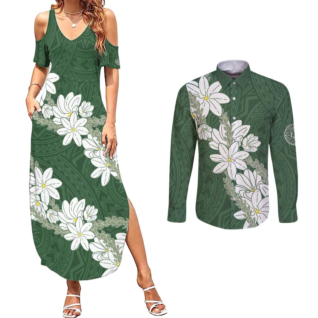 Ia Orana Tahiti Tiare Couples Matching Summer Maxi Dress and Long Sleeve Button Shirt Sage Green Lei - Polynesian Pride
