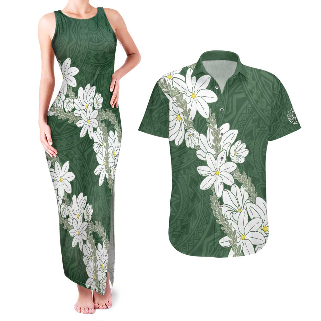 Ia Orana Tahiti Tiare Couples Matching Tank Maxi Dress and Hawaiian Shirt Sage Green Lei - Polynesian Pride