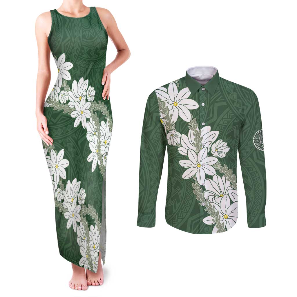 Ia Orana Tahiti Tiare Couples Matching Tank Maxi Dress and Long Sleeve Button Shirt Sage Green Lei - Polynesian Pride