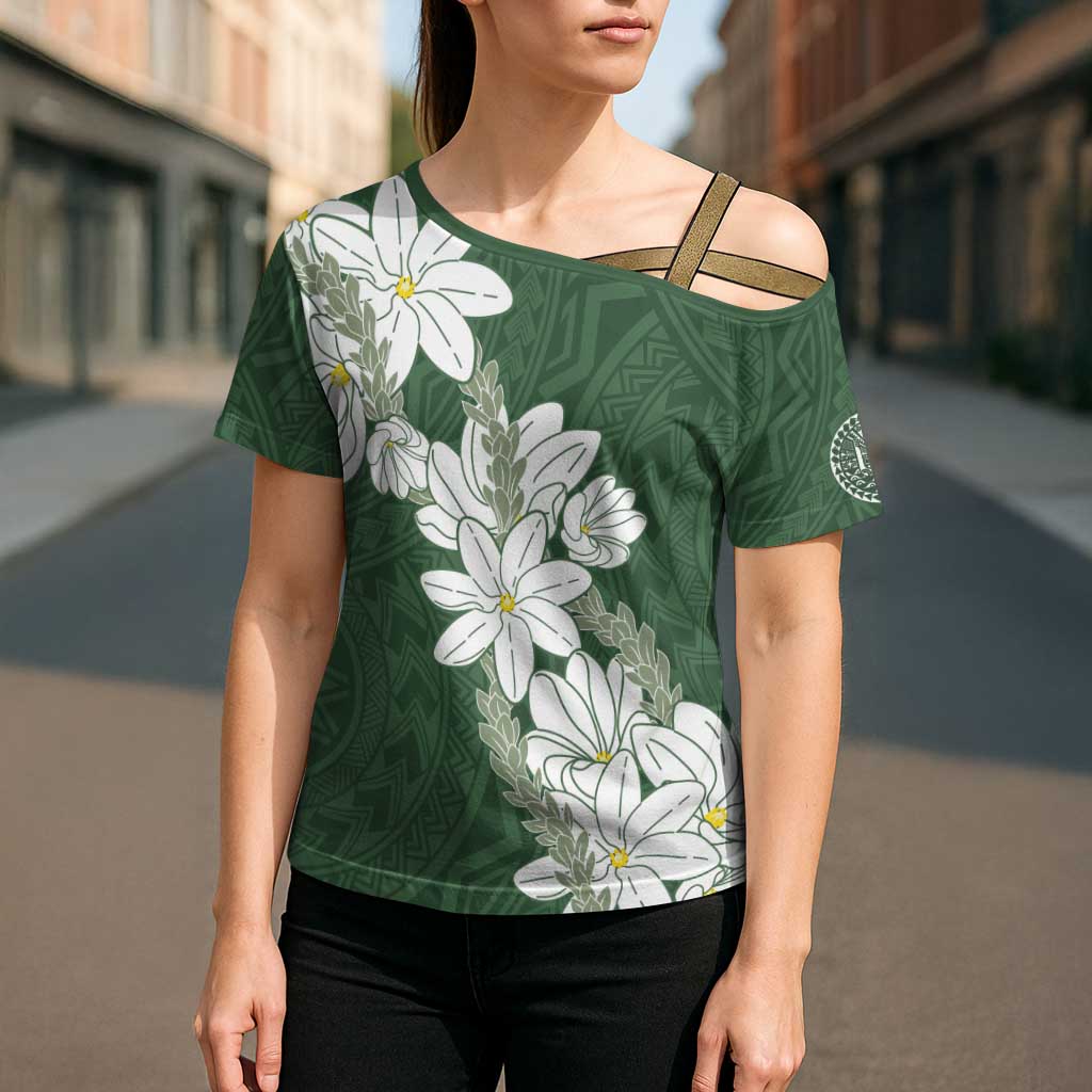 Ia Orana Tahiti Tiare Cross Shoulder Shirt Sage Green Lei - Polynesian Pride