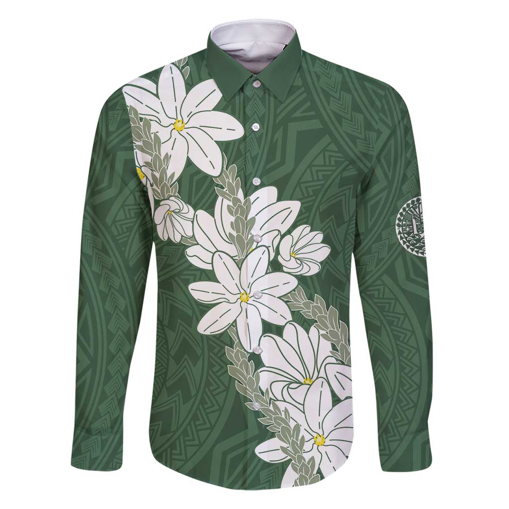 Ia Orana Tahiti Tiare Family Matching Long Sleeve Bodycon Dress and Hawaiian Shirt Sage Green Lei - Polynesian Pride