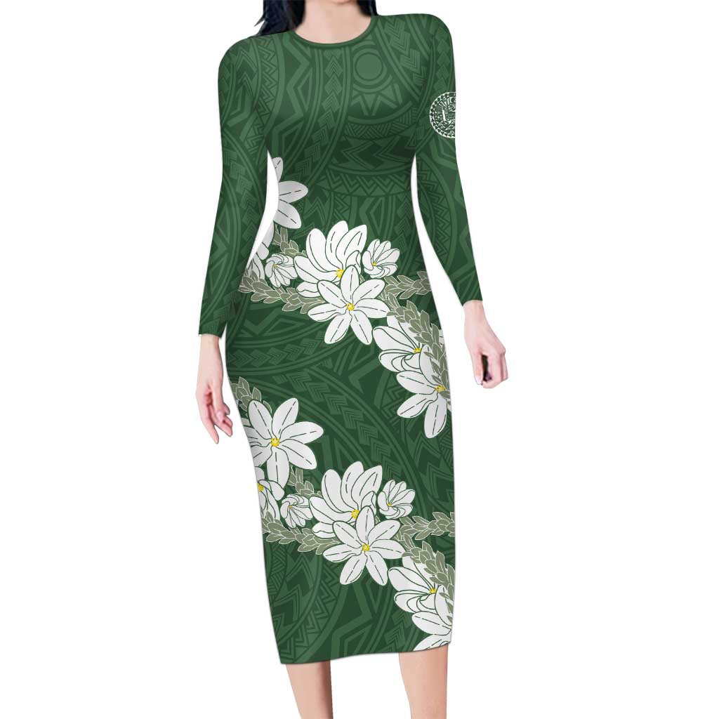 Ia Orana Tahiti Tiare Family Matching Long Sleeve Bodycon Dress and Hawaiian Shirt Sage Green Lei - Polynesian Pride