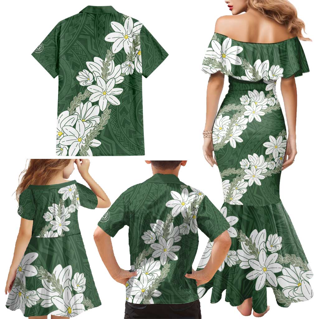 Ia Orana Tahiti Tiare Family Matching Mermaid Dress and Hawaiian Shirt Sage Green Lei LT7 - Polynesian Pride