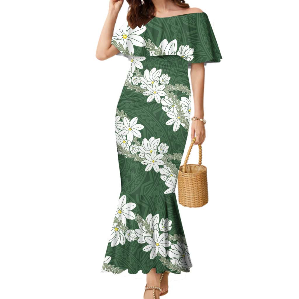 Ia Orana Tahiti Tiare Family Matching Mermaid Dress and Hawaiian Shirt Sage Green Lei LT7 Mom's Dress Sage Green - Polynesian Pride