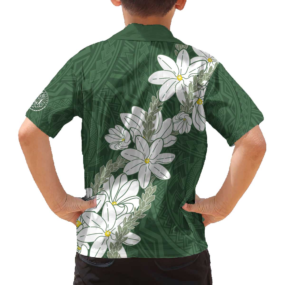 Ia Orana Tahiti Tiare Family Matching Off The Shoulder Long Sleeve Dress and Hawaiian Shirt Sage Green Lei LT7 - Polynesian Pride