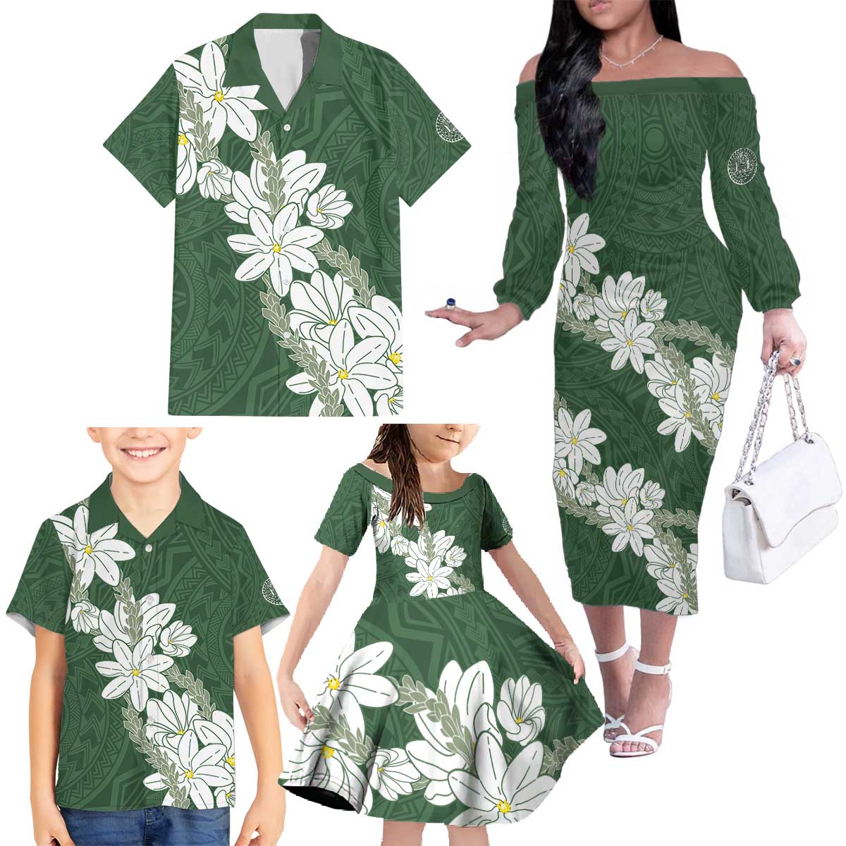 Ia Orana Tahiti Tiare Family Matching Off The Shoulder Long Sleeve Dress and Hawaiian Shirt Sage Green Lei LT7 - Polynesian Pride
