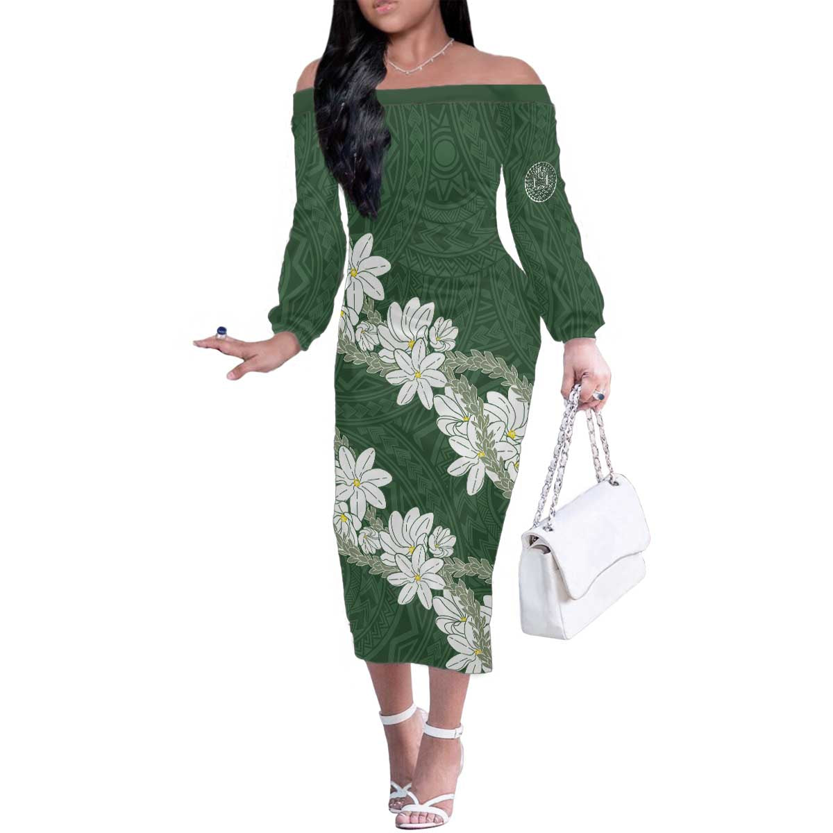 Ia Orana Tahiti Tiare Family Matching Off The Shoulder Long Sleeve Dress and Hawaiian Shirt Sage Green Lei LT7 Mom's Dress Sage Green - Polynesian Pride