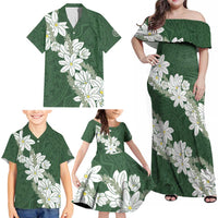 Ia Orana Tahiti Tiare Family Matching Off Shoulder Maxi Dress and Hawaiian Shirt Sage Green Lei - Polynesian Pride
