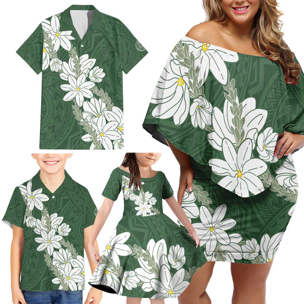 Ia Orana Tahiti Tiare Family Matching Off Shoulder Short Dress and Hawaiian Shirt Sage Green Lei - Polynesian Pride