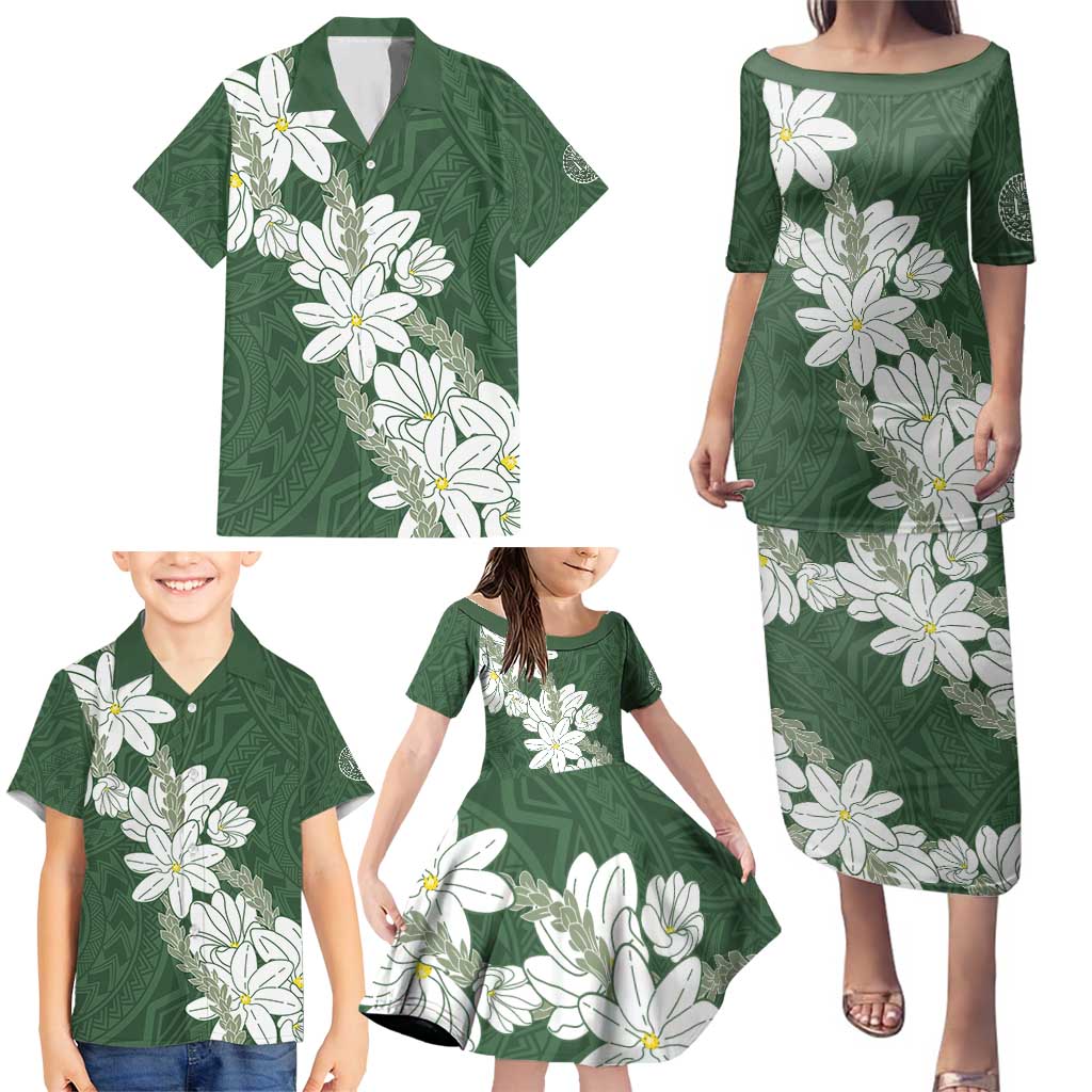 Ia Orana Tahiti Tiare Family Matching Puletasi and Hawaiian Shirt Sage Green Lei LT7 - Polynesian Pride