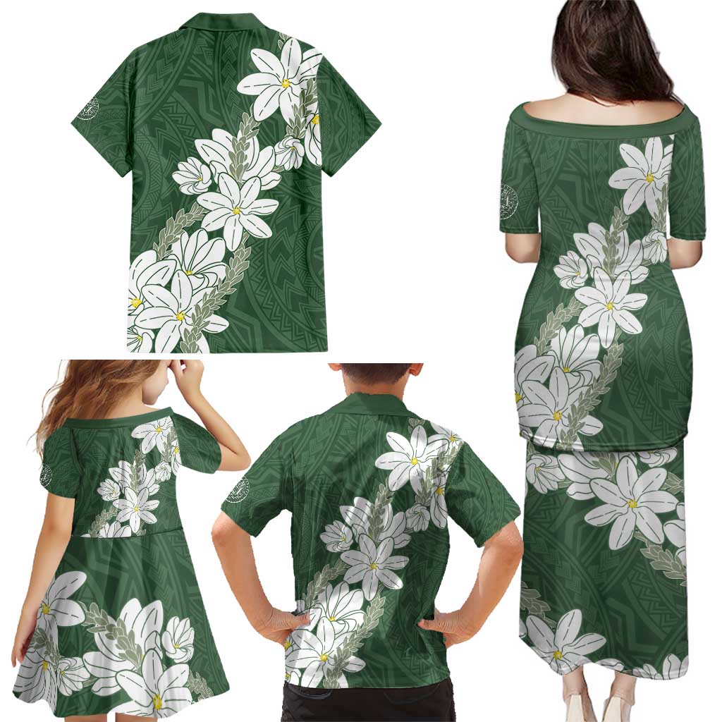 Ia Orana Tahiti Tiare Family Matching Puletasi and Hawaiian Shirt Sage Green Lei LT7 - Polynesian Pride
