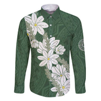 Ia Orana Tahiti Tiare Family Matching Short Sleeve Bodycon Dress and Hawaiian Shirt Sage Green Lei LT7 Dad's Shirt - Long Sleeve Sage Green - Polynesian Pride
