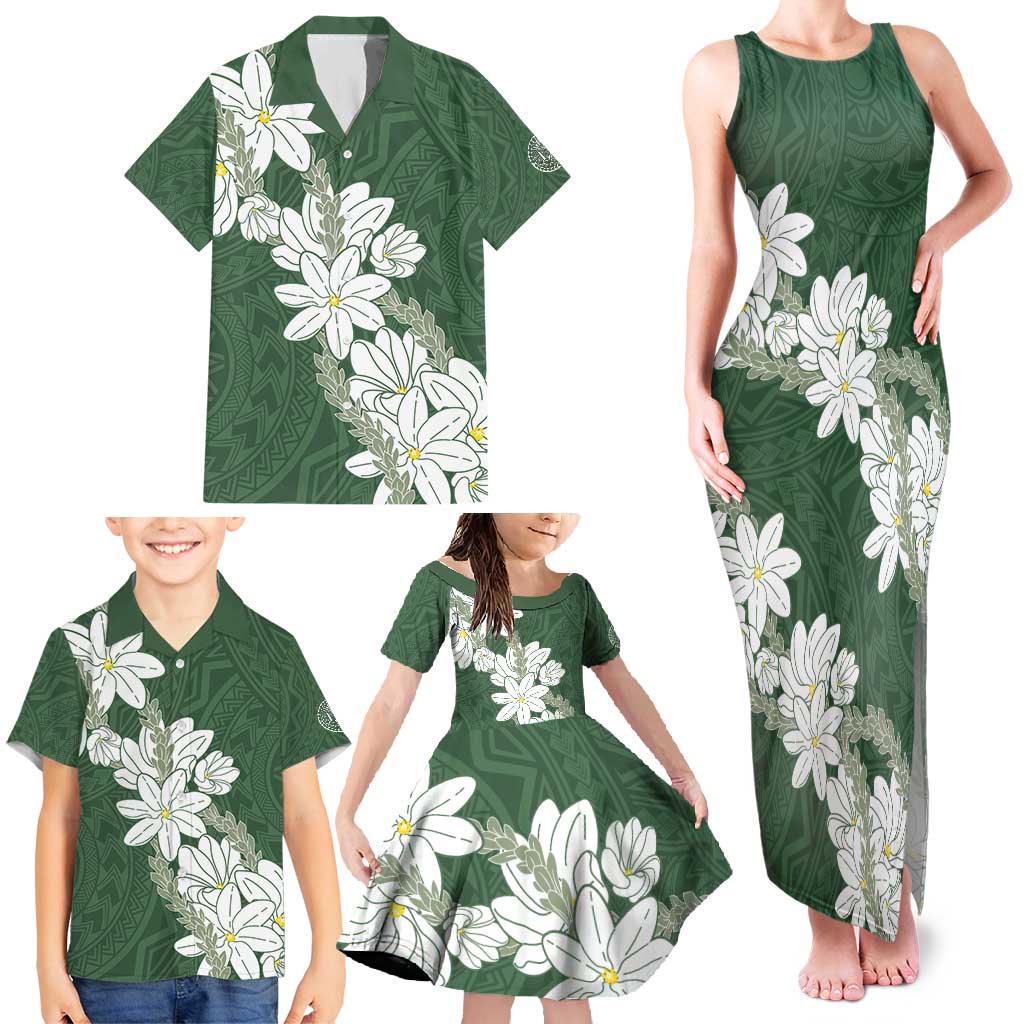Ia Orana Tahiti Tiare Family Matching Tank Maxi Dress and Hawaiian Shirt Sage Green Lei LT7 - Polynesian Pride