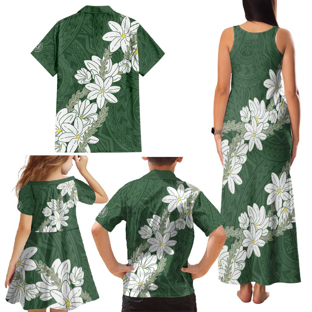 Ia Orana Tahiti Tiare Family Matching Tank Maxi Dress and Hawaiian Shirt Sage Green Lei LT7 - Polynesian Pride