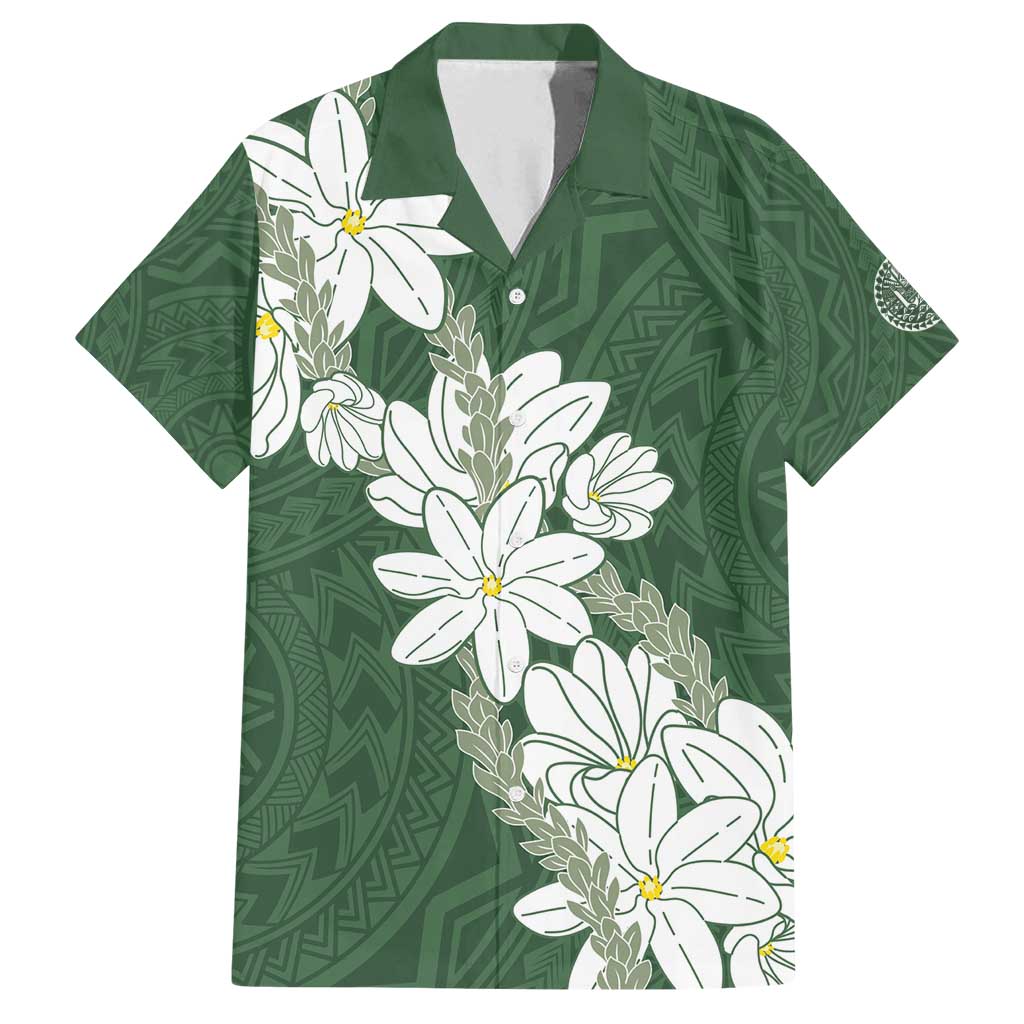 Ia Orana Tahiti Tiare Family Matching Tank Maxi Dress and Hawaiian Shirt Sage Green Lei LT7 Dad's Shirt - Short Sleeve Sage Green - Polynesian Pride