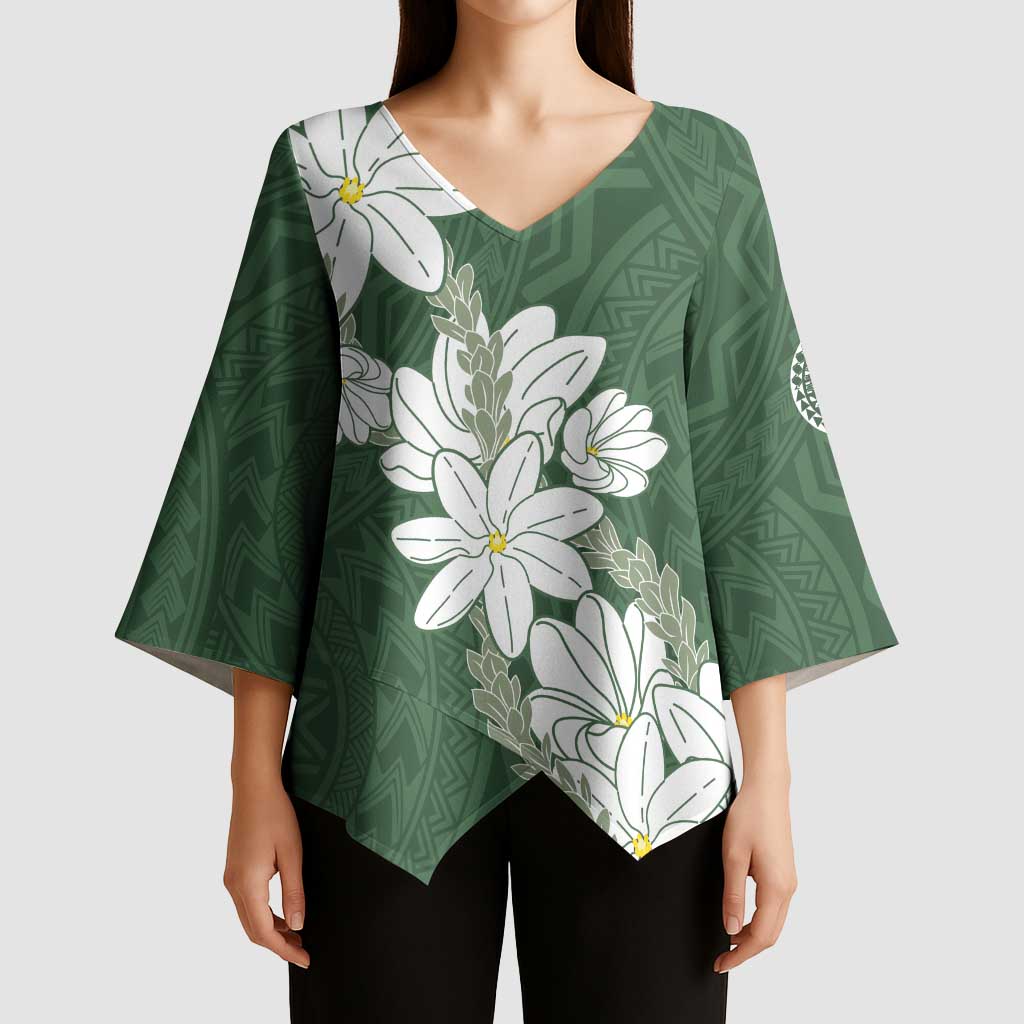 Ia Orana Tahiti Tiare Kimono Sleeve Blouse Sage Green Lei - Polynesian Pride