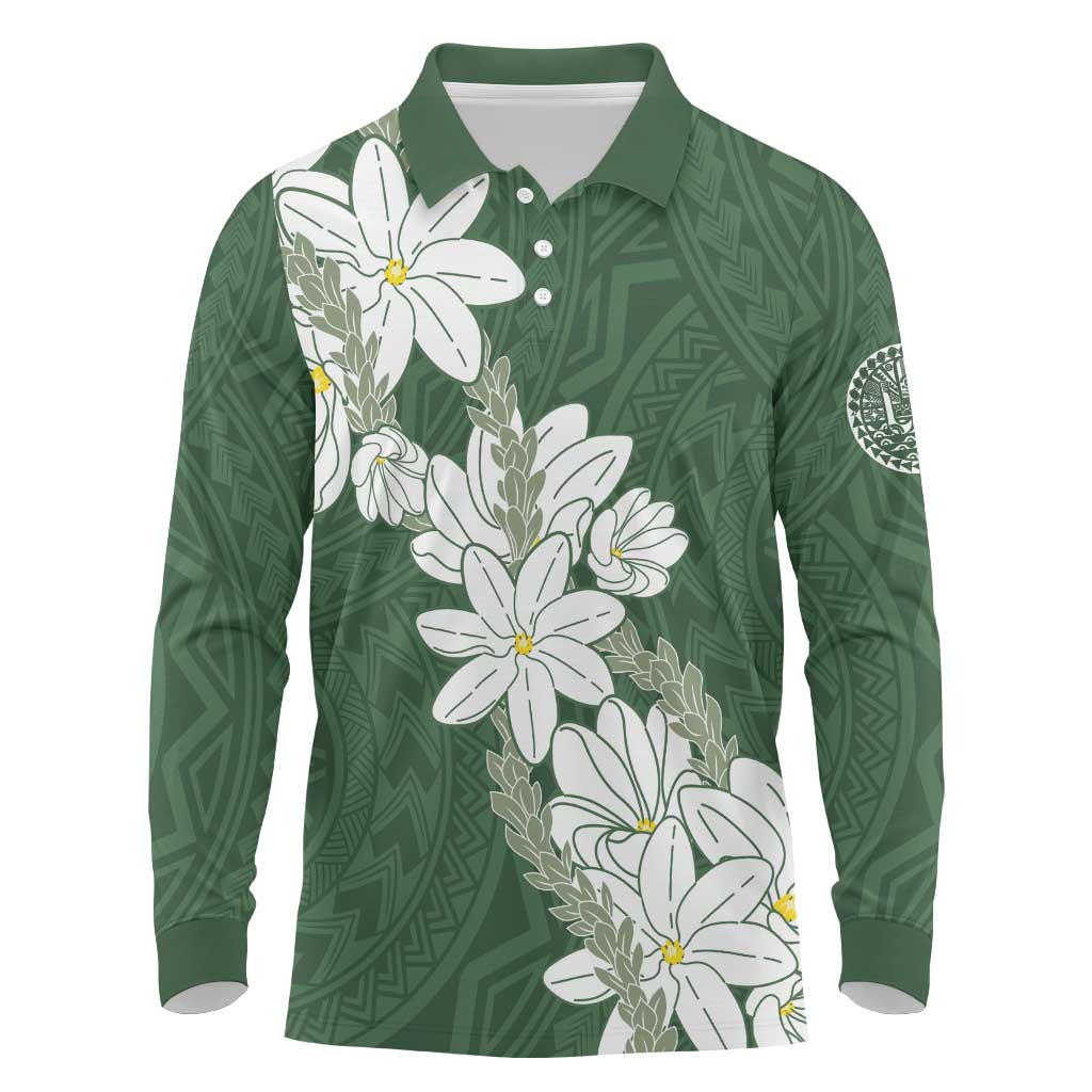 Ia Orana Tahiti Tiare Long Sleeve Polo Shirt Sage Green Lei - Polynesian Pride