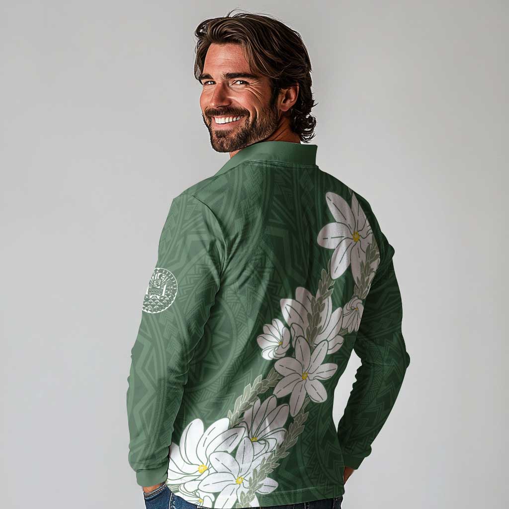 Ia Orana Tahiti Tiare Long Sleeve Polo Shirt Sage Green Lei - Polynesian Pride