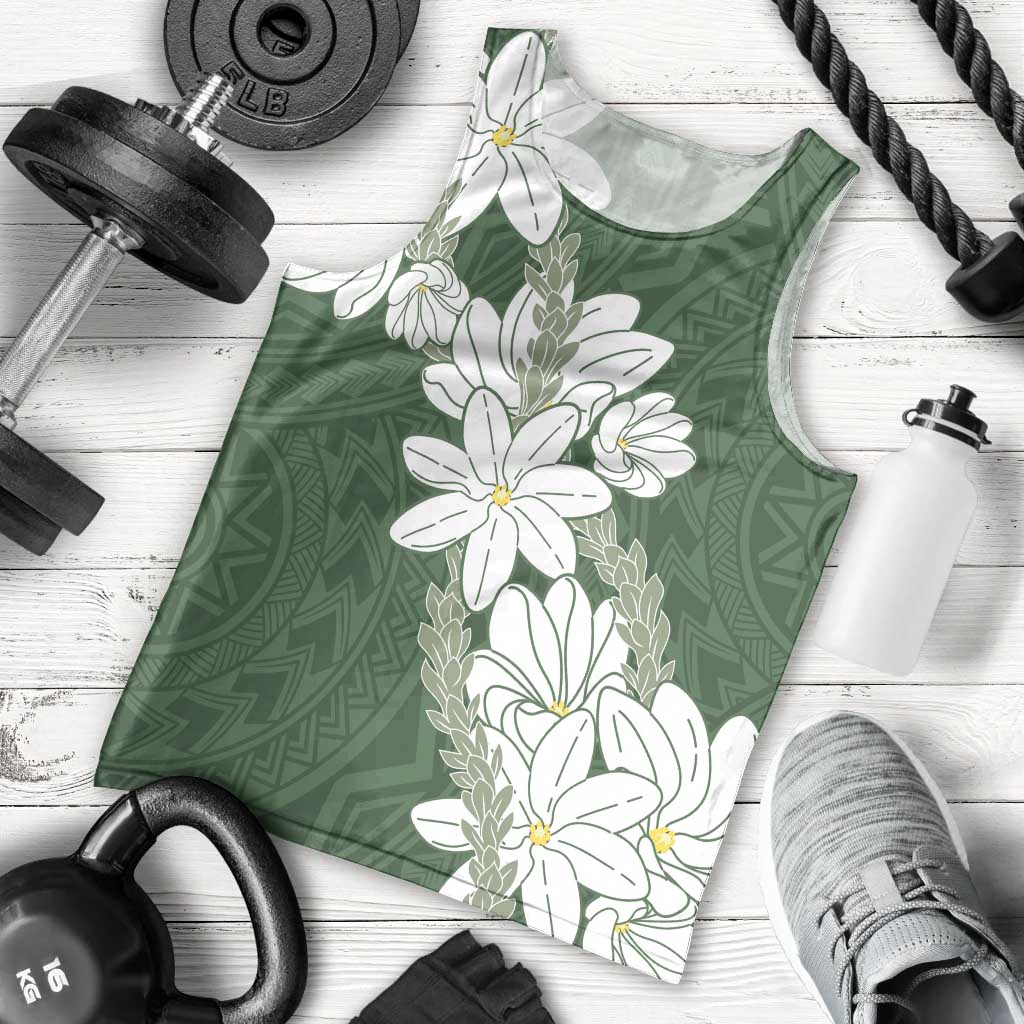 Ia Orana Tahiti Tiare Men Tank Top Sage Green Lei - Polynesian Pride