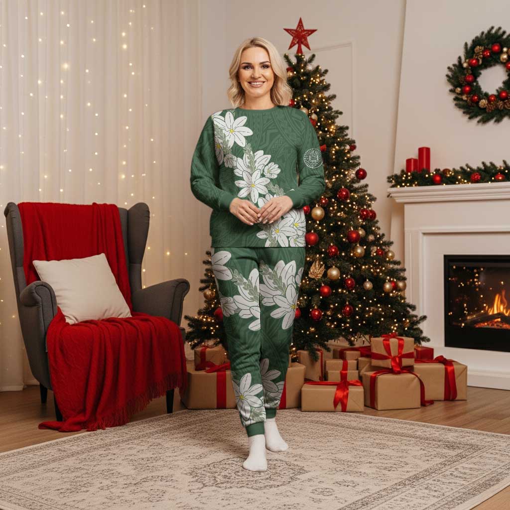 Ia Orana Tahiti Tiare Christmas Pajama Set Sage Green Lei - Polynesian Pride