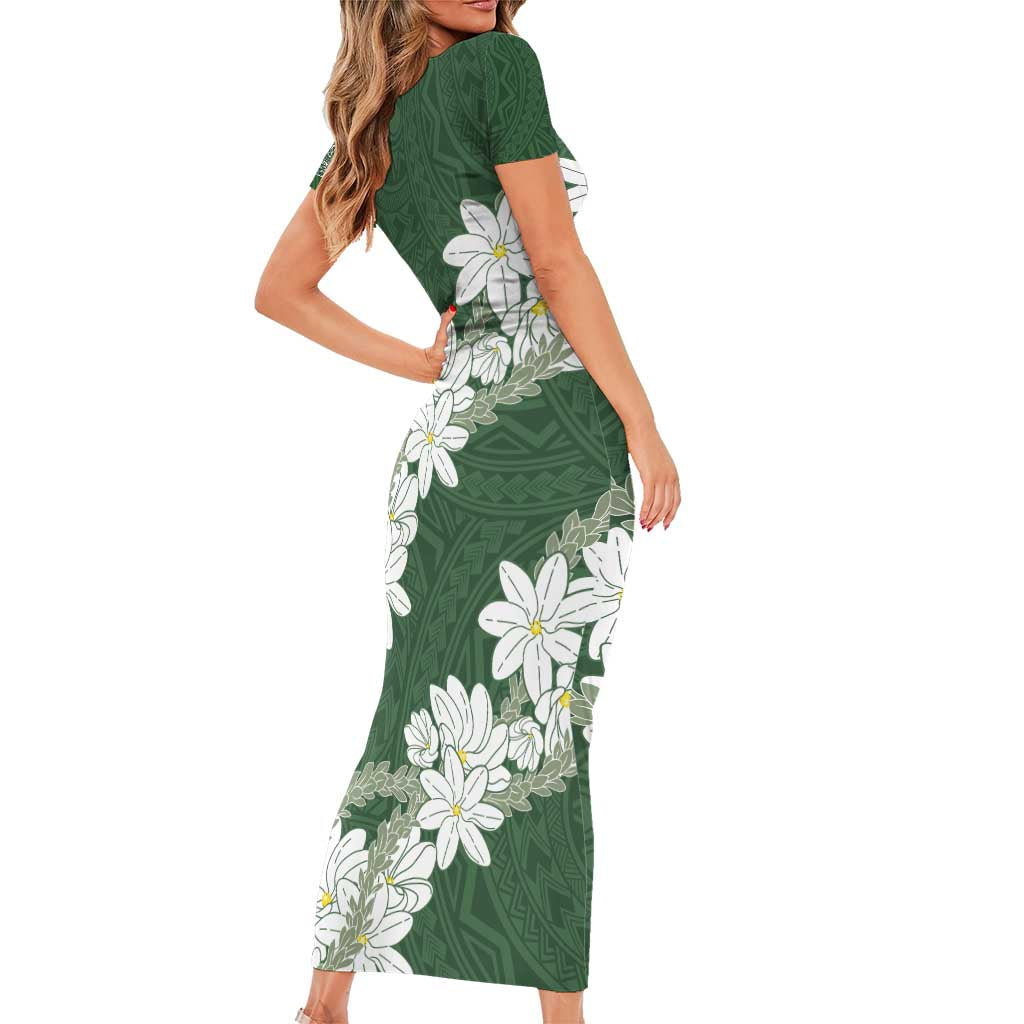 Ia Orana Tahiti Tiare Short Sleeve Bodycon Dress Sage Green Lei - Polynesian Pride