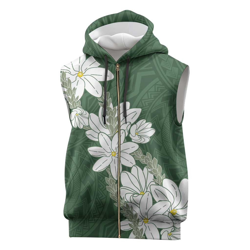 Ia Orana Tahiti Tiare Sleeveless Zip Hoodie Sage Green Lei - Polynesian Pride