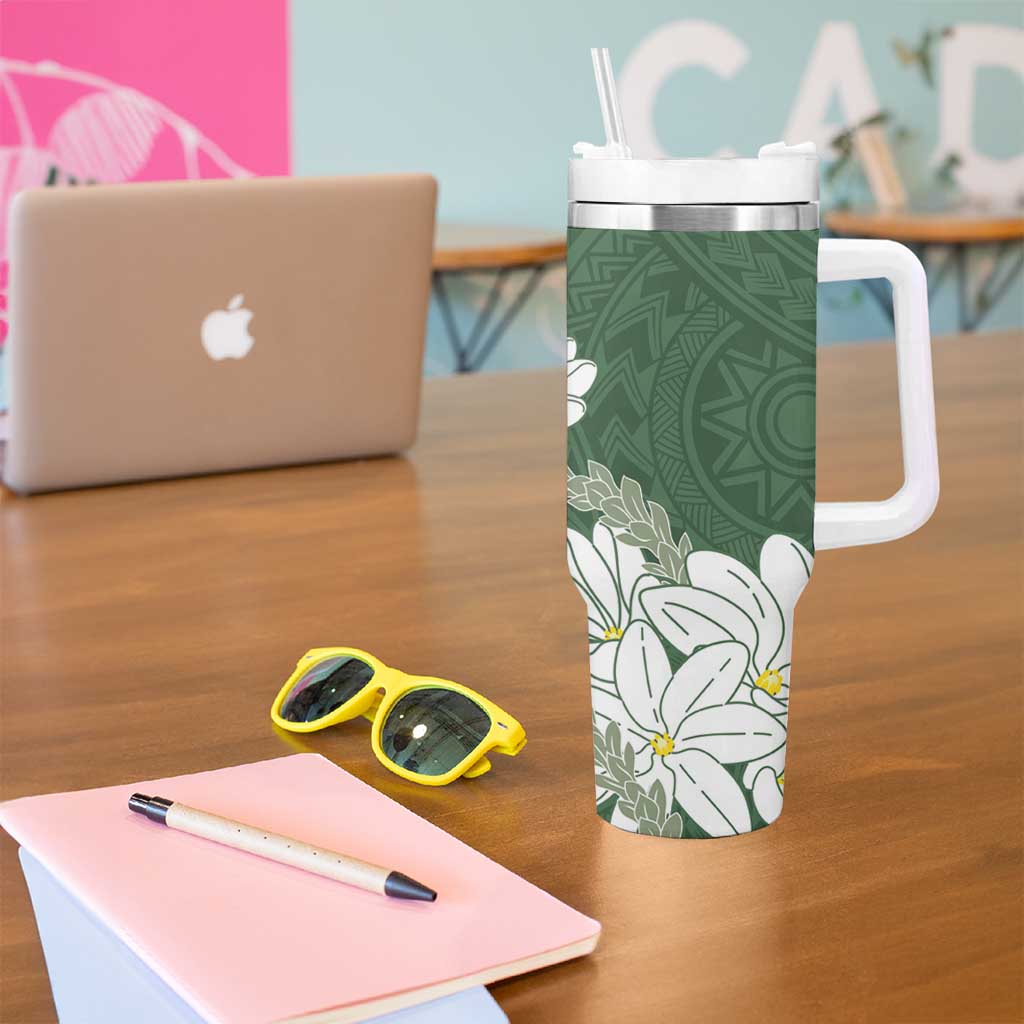 Ia Orana Tahiti Tiare Tumbler With Handle Sage Green Lei - Polynesian Pride