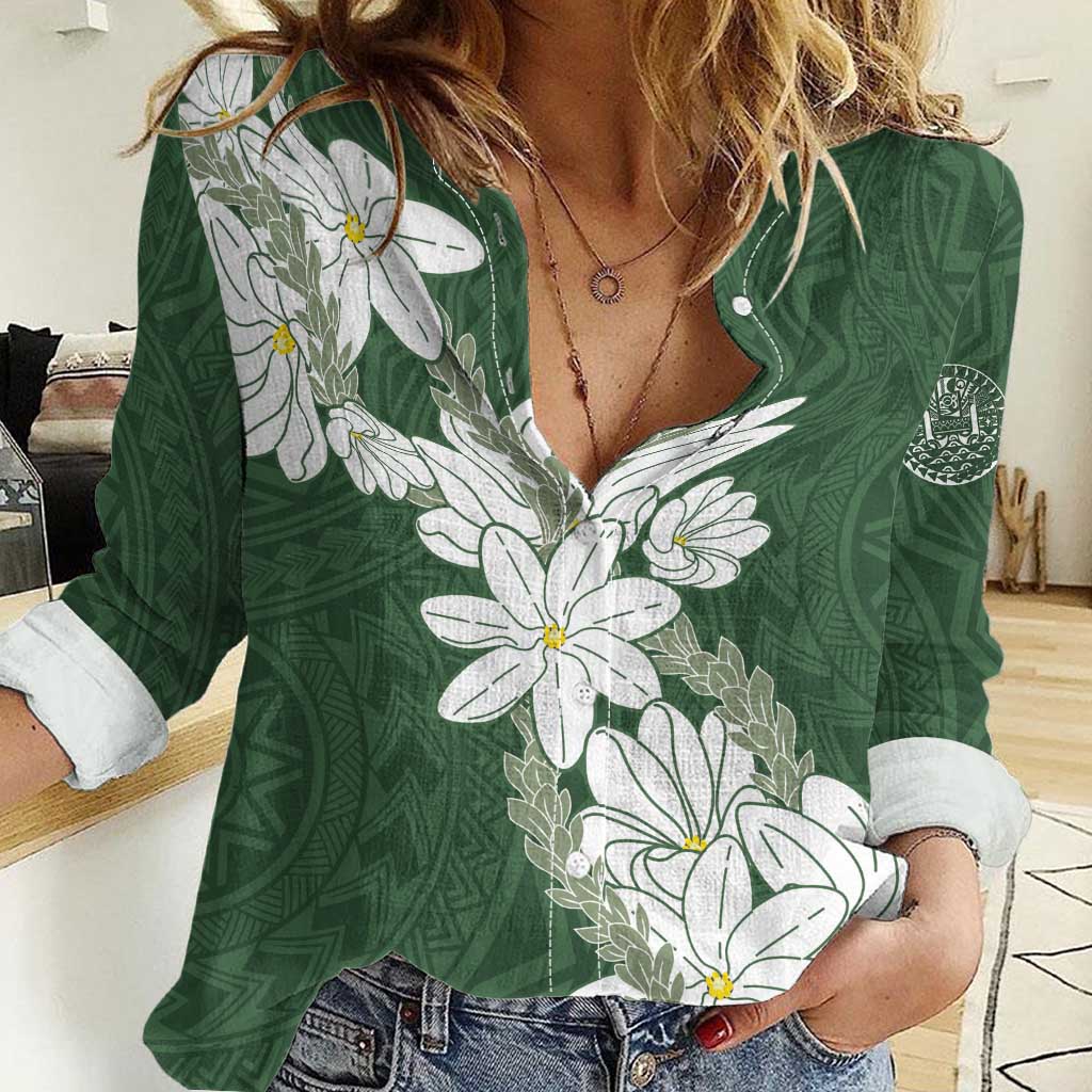 Ia Orana Tahiti Tiare Women Casual Shirt Sage Green Lei LT7 Female Sage Green - Polynesian Pride