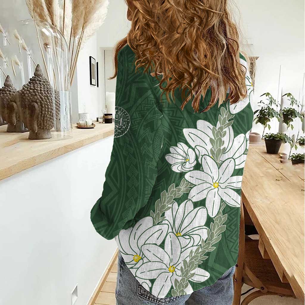Ia Orana Tahiti Tiare Women Casual Shirt Sage Green Lei LT7 - Polynesian Pride