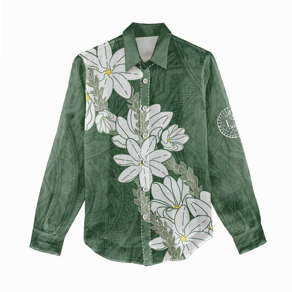 Ia Orana Tahiti Tiare Women Casual Shirt Sage Green Lei LT7 - Polynesian Pride