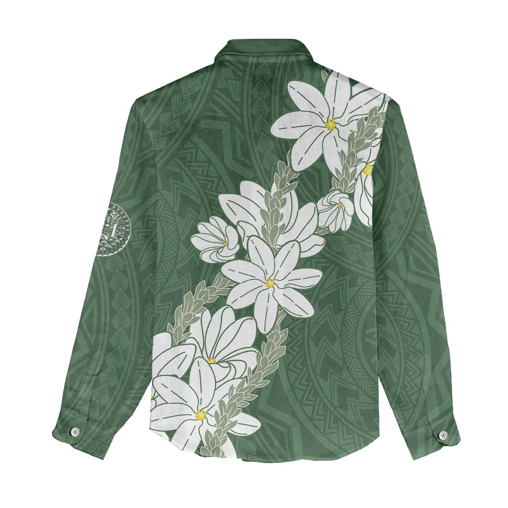 Ia Orana Tahiti Tiare Women Casual Shirt Sage Green Lei LT7 - Polynesian Pride