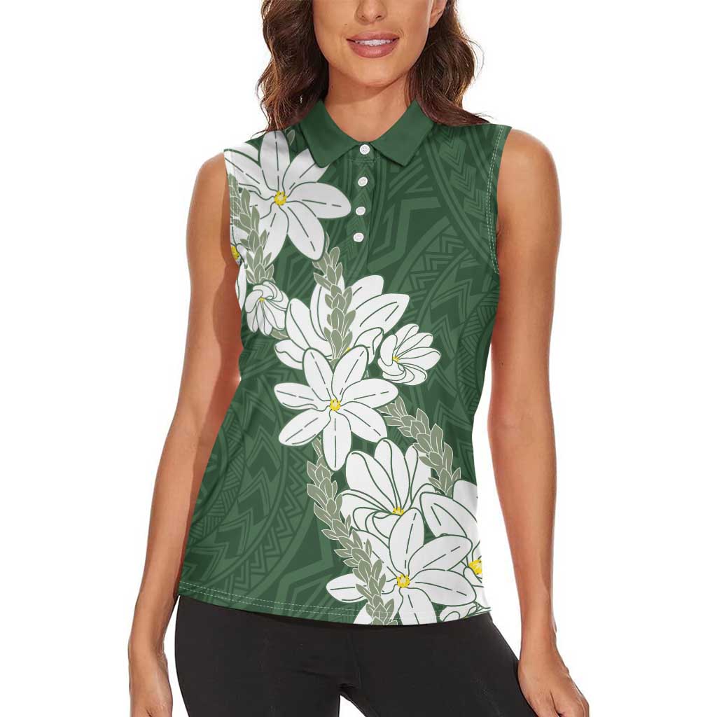 Ia Orana Tahiti Tiare Women Sleeveless Polo Shirt Sage Green Lei - Polynesian Pride