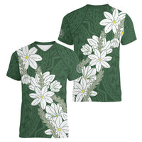 Ia Orana Tahiti Tiare Women V-Neck T-Shirt Sage Green Lei - Polynesian Pride