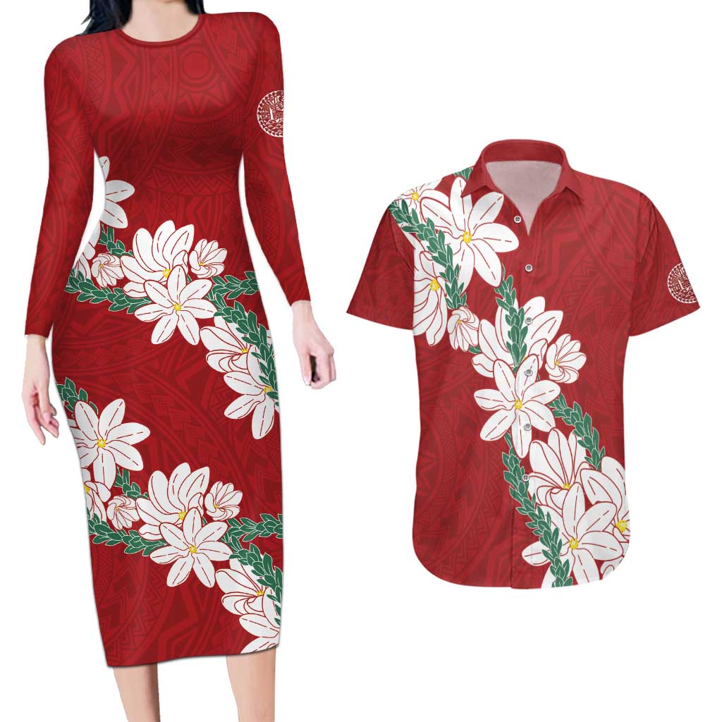 Ia Orana Tahiti Tiare Couples Matching Long Sleeve Bodycon Dress and Hawaiian Shirt Crimson Lei - Polynesian Pride